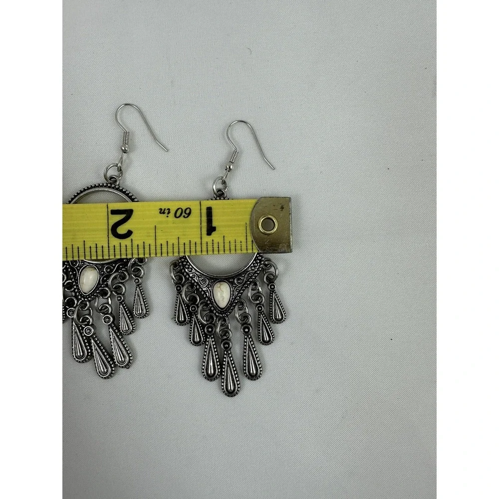 Chandelier Dangle Earrings Silver Tone Western Howlite White Gem Dream Catcher